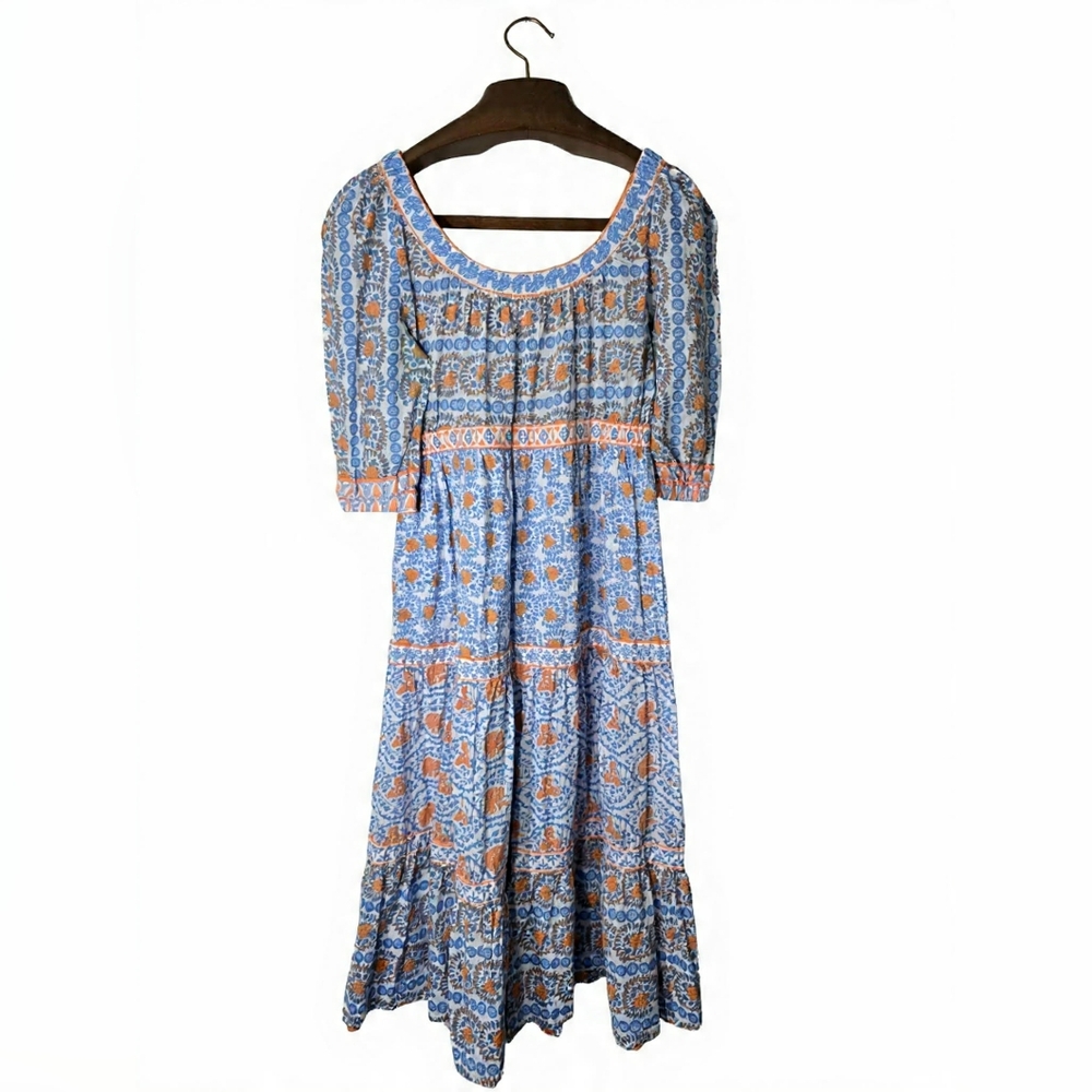 Blue & Orange Boho‎ Floral Maxi Dress Cottagecore Peasant Romantic